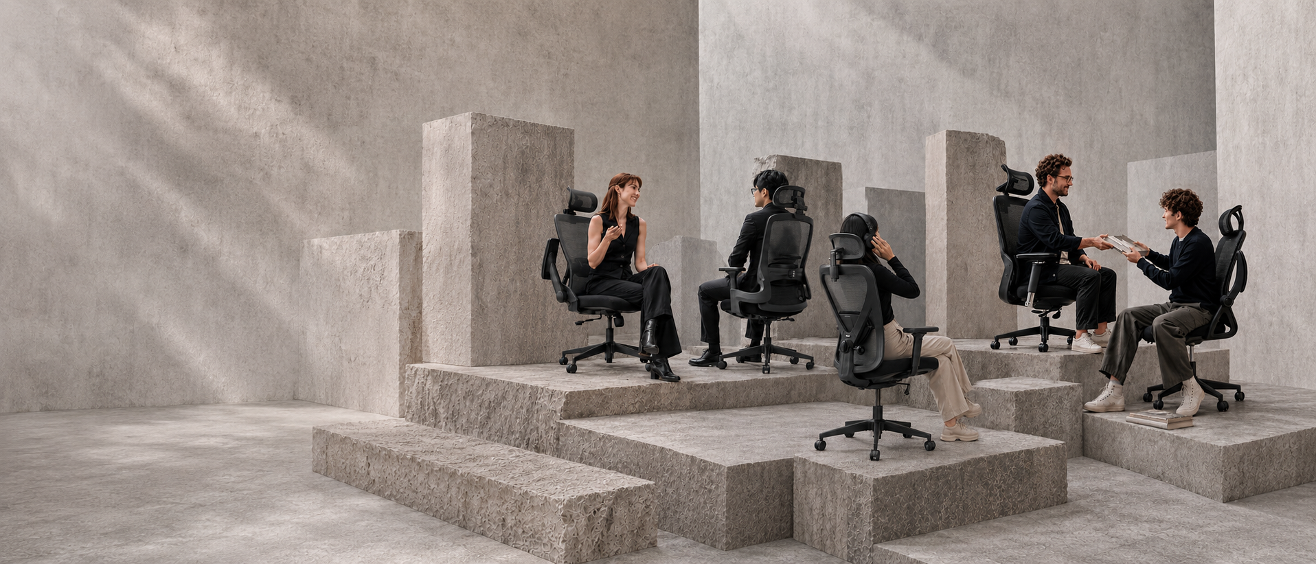 People seated in ergonomic chairs within a premium architectural workspace