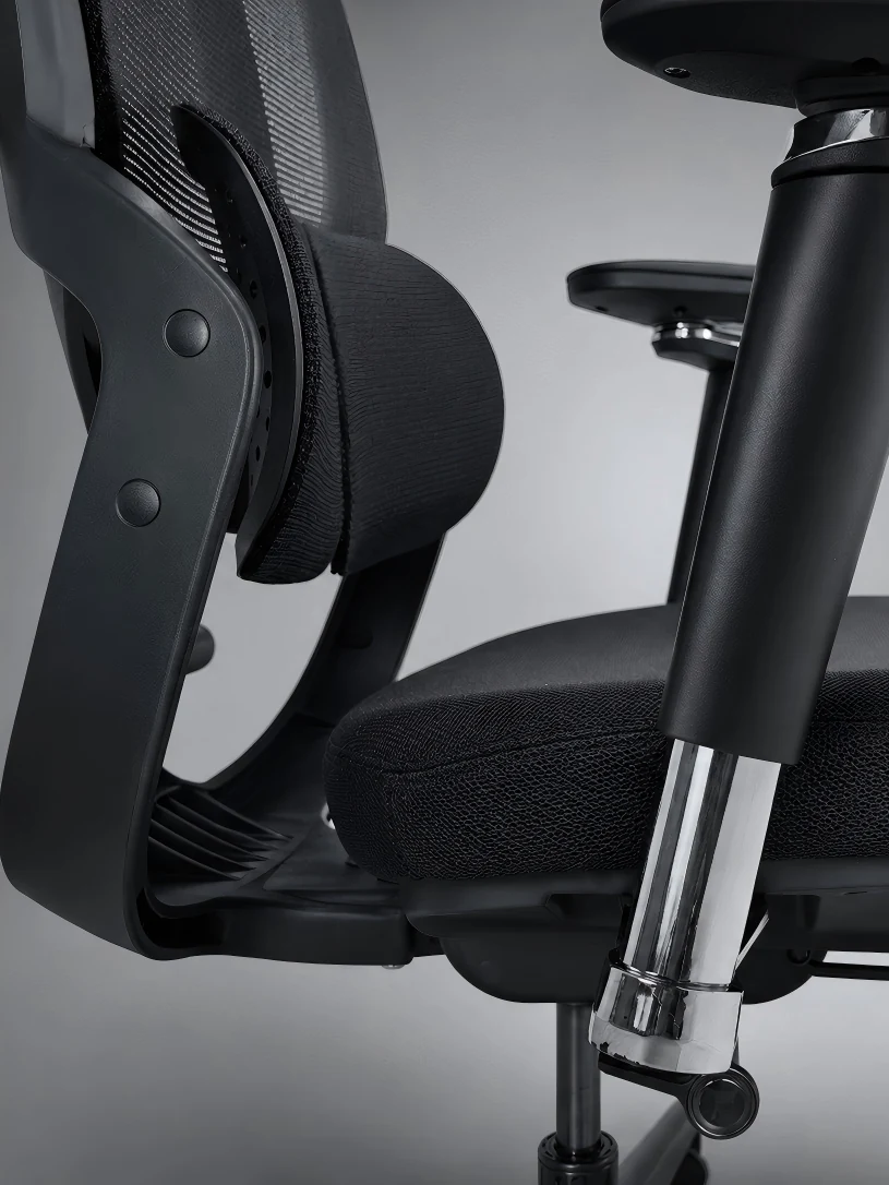 Side detail showing a chair lumbar support, frame, armrest and seat contour