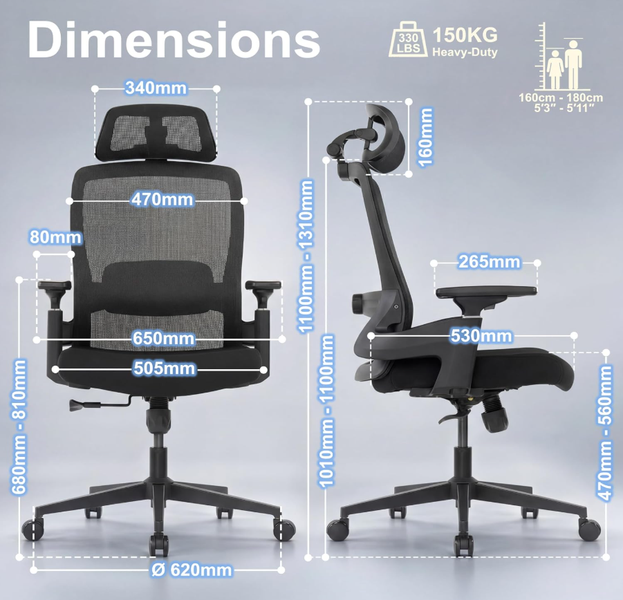 AVALON chair dimensions artwork with measurement annotations