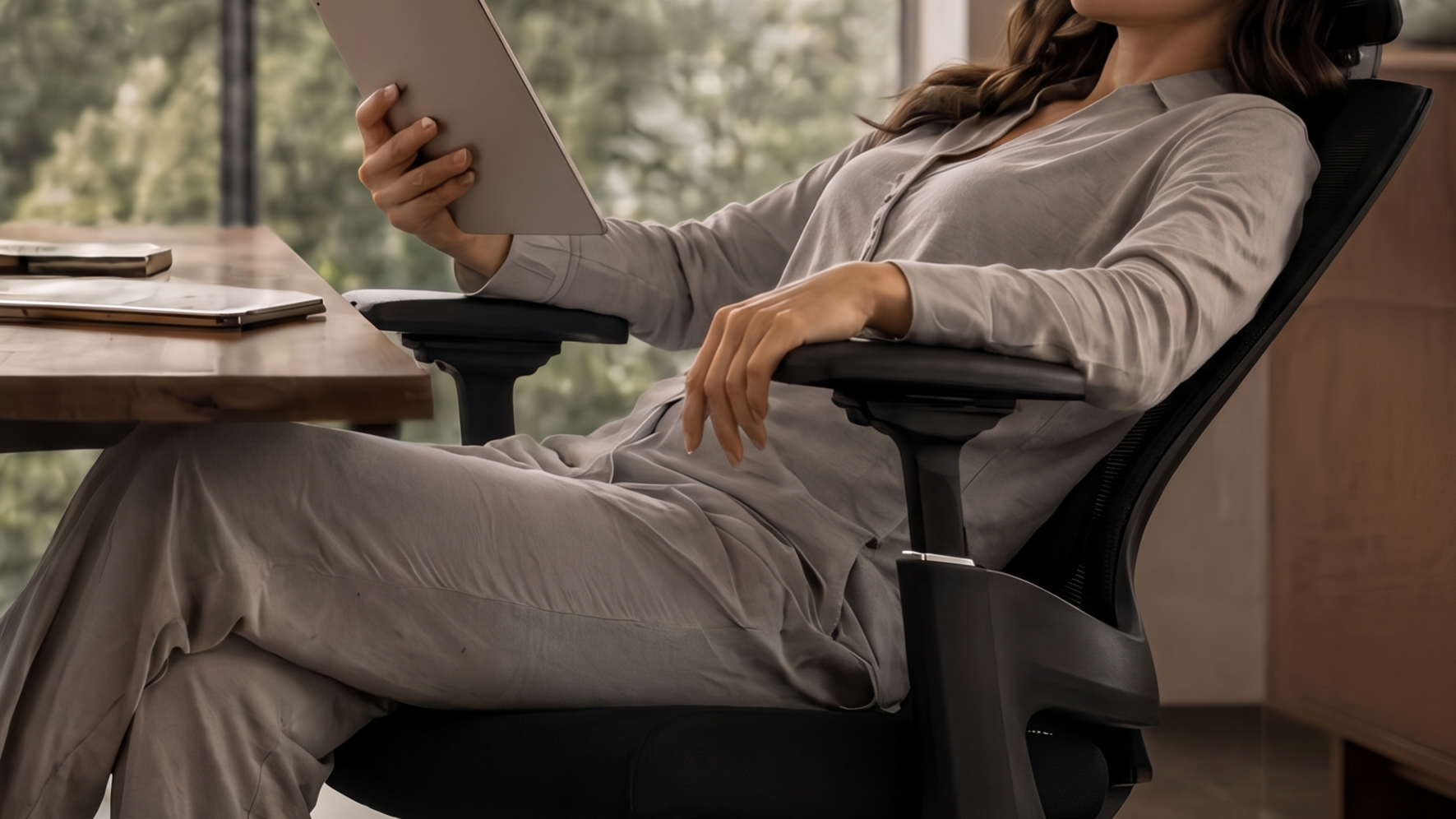 A person using both AVALON armrests while seated with a tablet