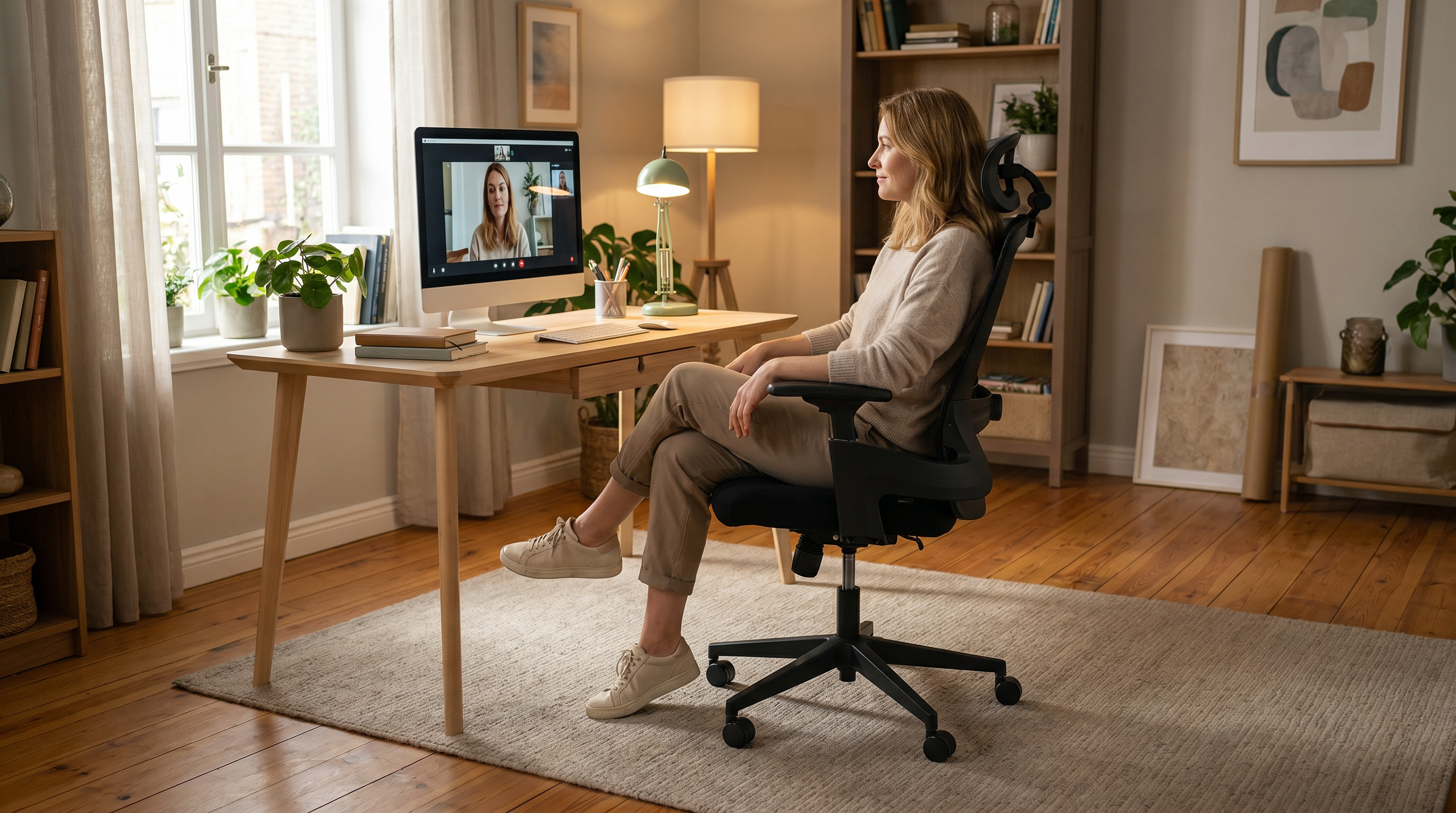 A woman using an AVALON ergonomic chair at a bright creative workstation