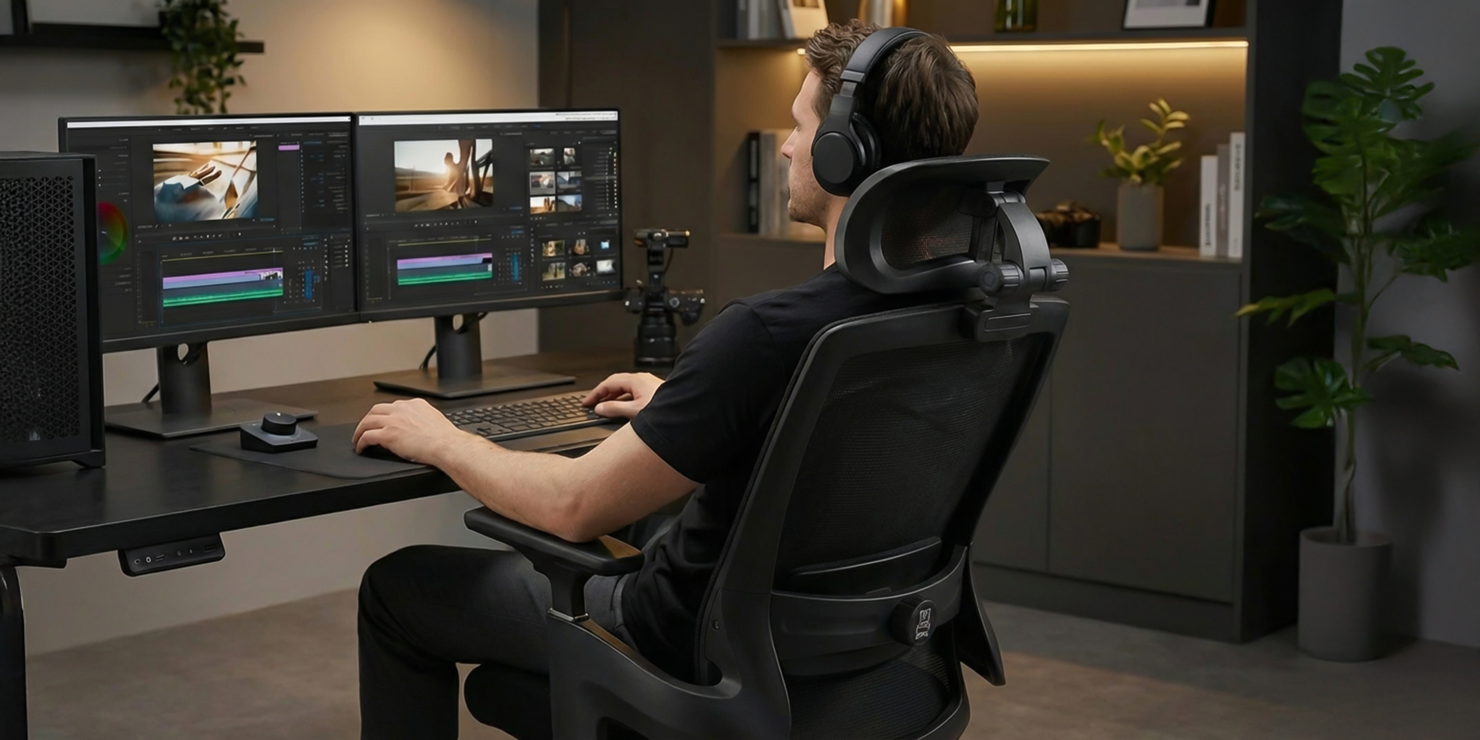 An AVALON chair at a dual-monitor creative workstation