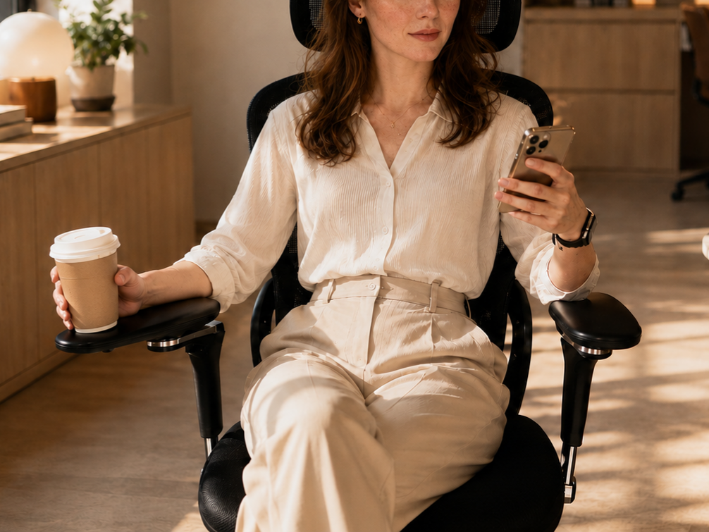 A person seated in DRAKARA using the armrests while holding a phone and drink