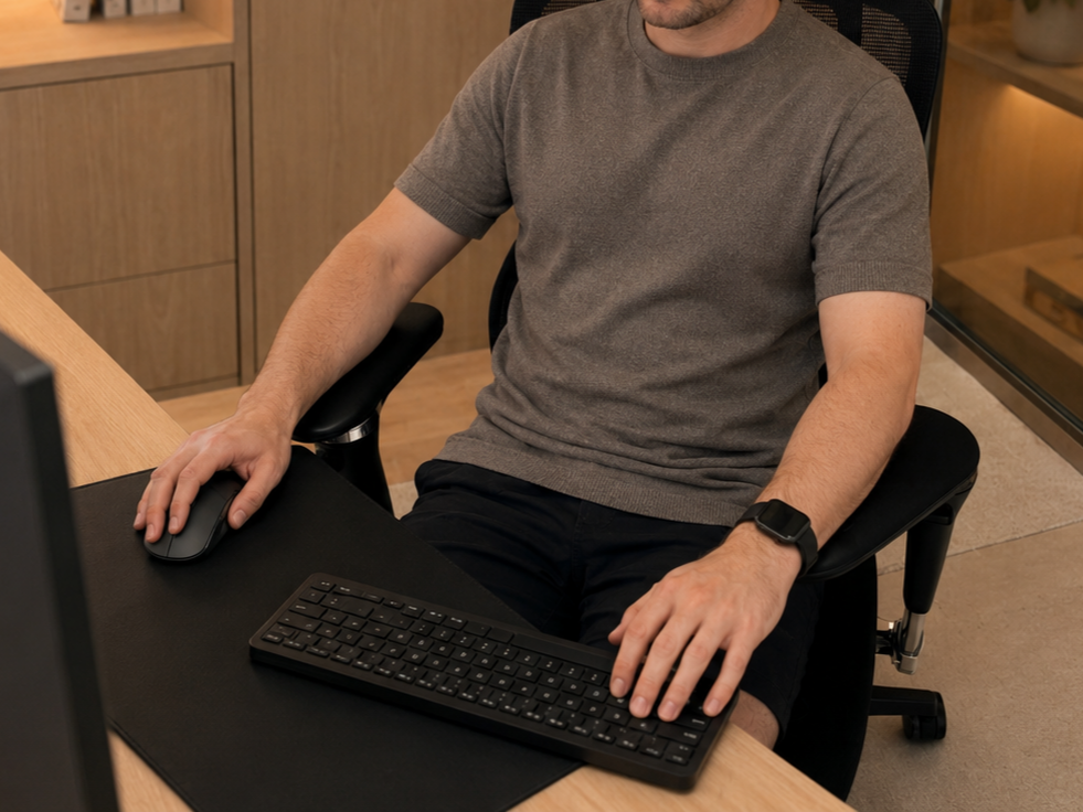 A person using the DRAKARA armrests at a keyboard-and-mouse workstation