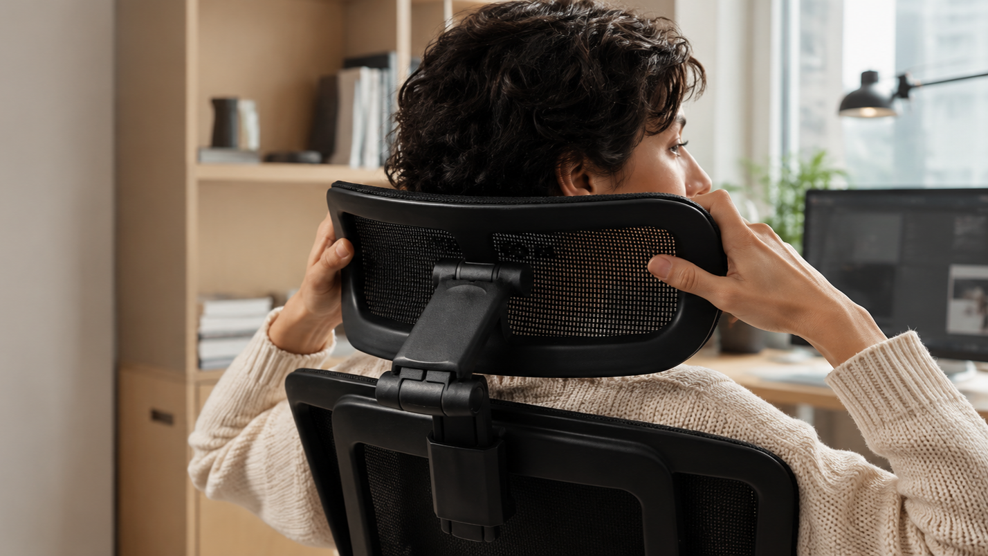 A person adjusting the DRAKARA ergonomic chair headrest