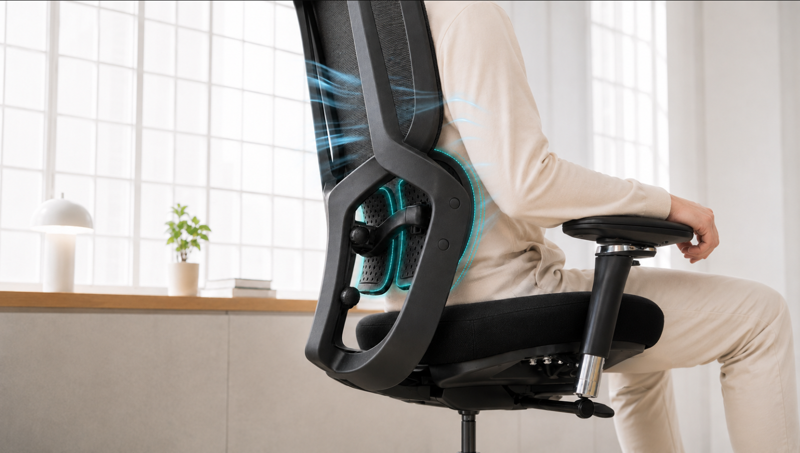 Side view of DRAKARA with the split lumbar support highlighted behind the sitter