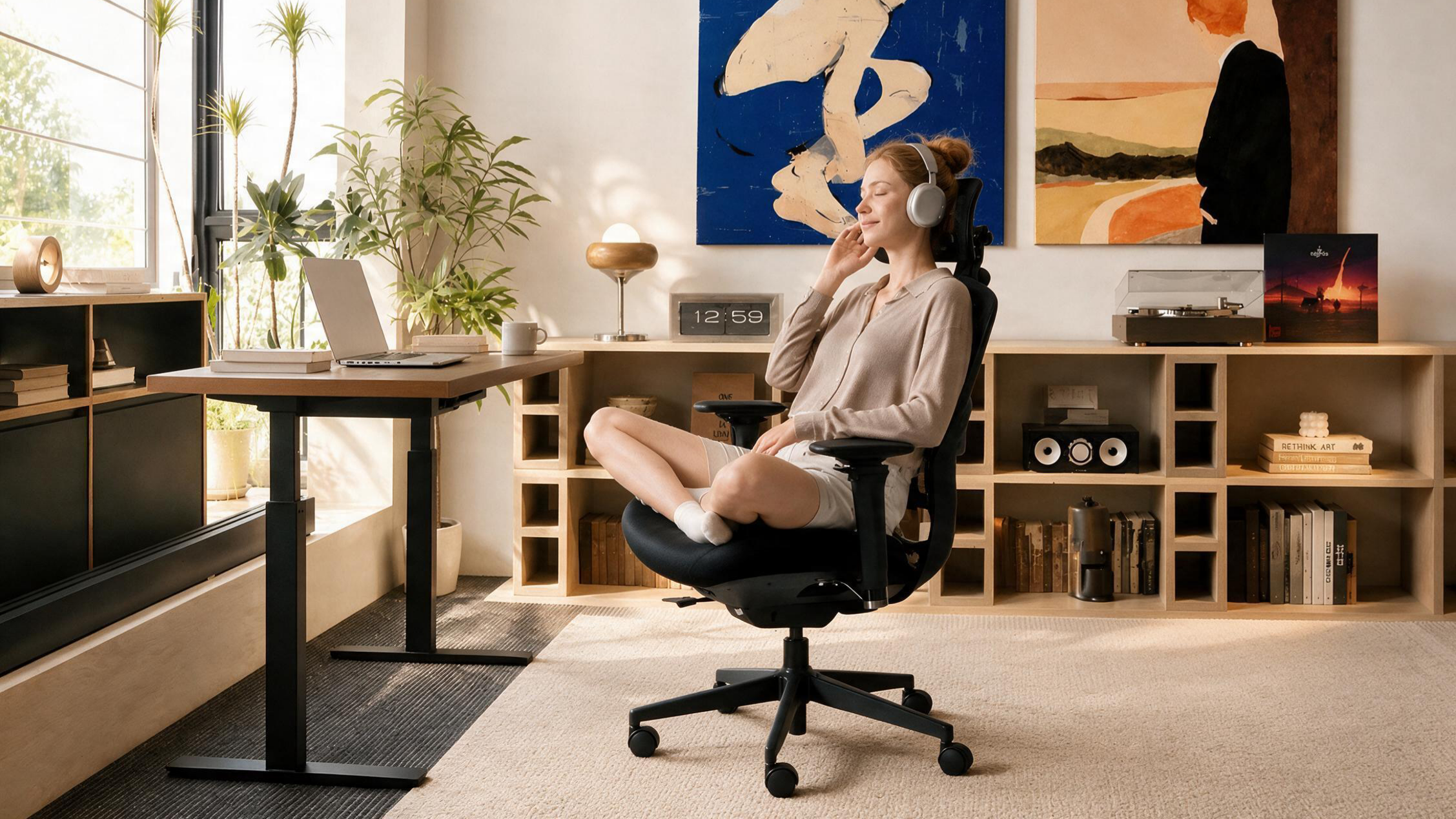 A person reclining in DRAKARA at a home workstation