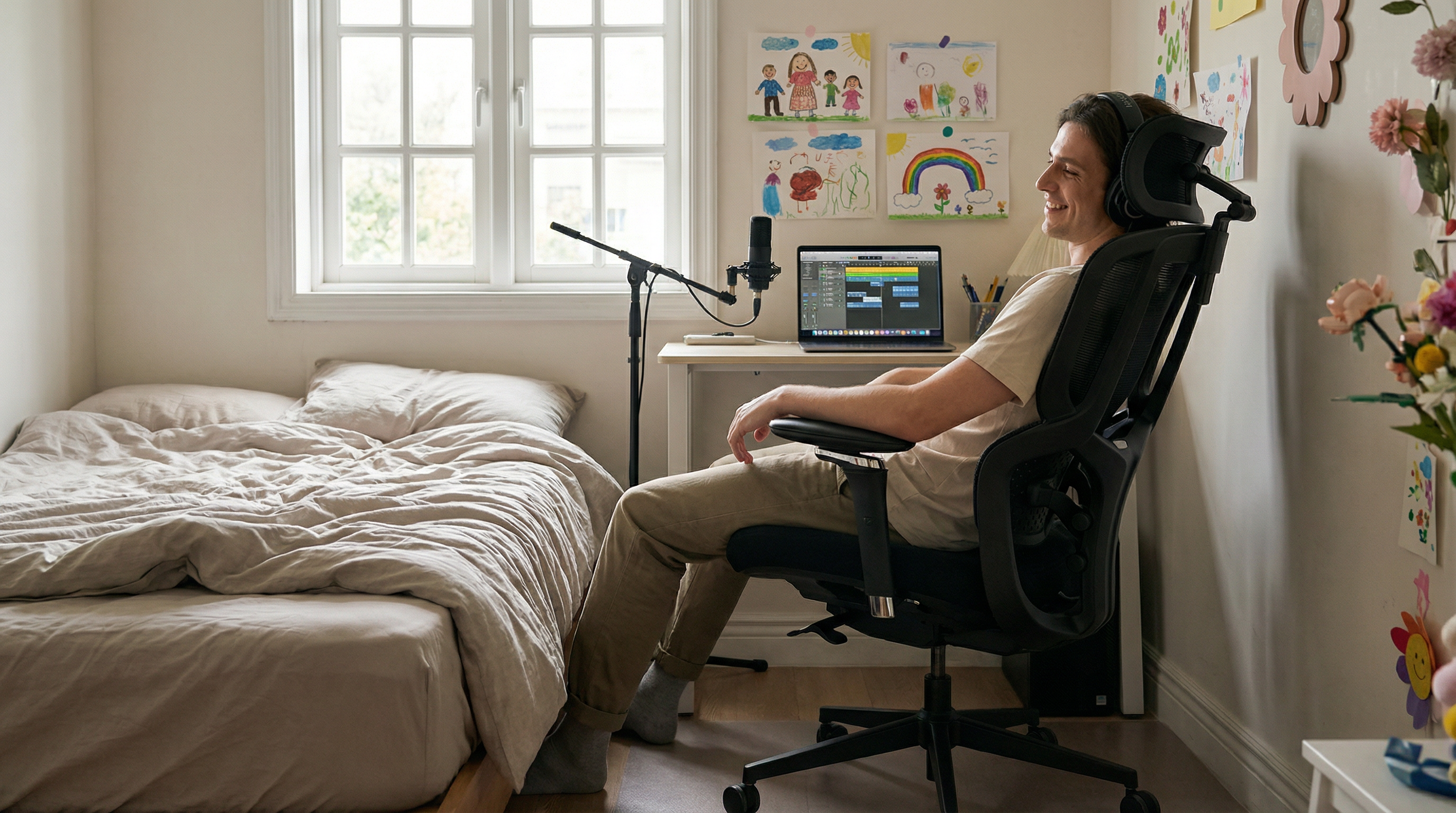 A person seated in DRAKARA at a home creative workstation