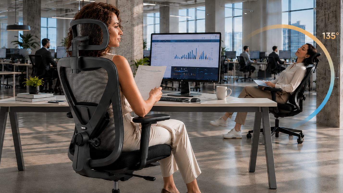 VALKYRIE chair shown moving from upright work into recline
