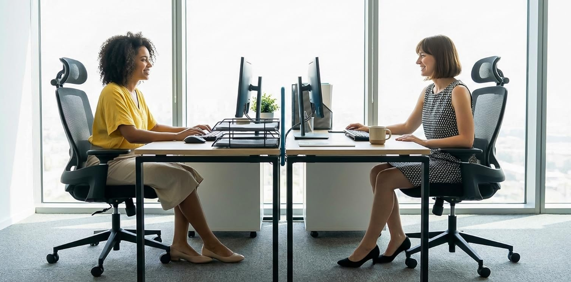 Two women working opposite each other in AVALON ergonomic chairs