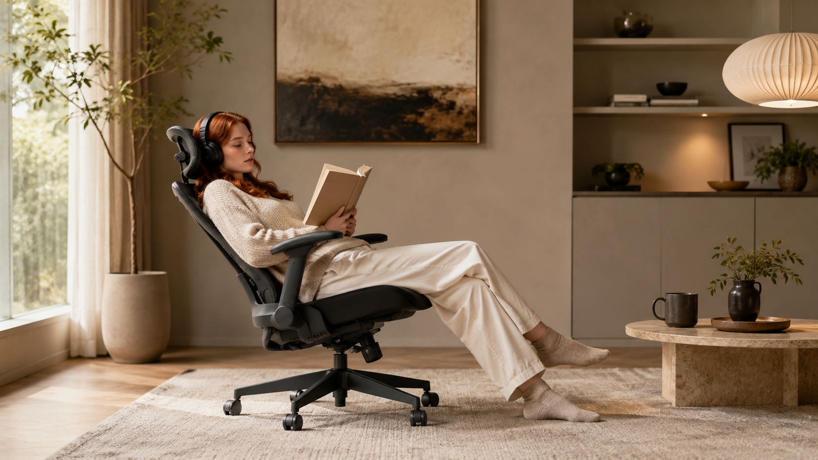 A woman reclining comfortably in an ergonomic chair while reading