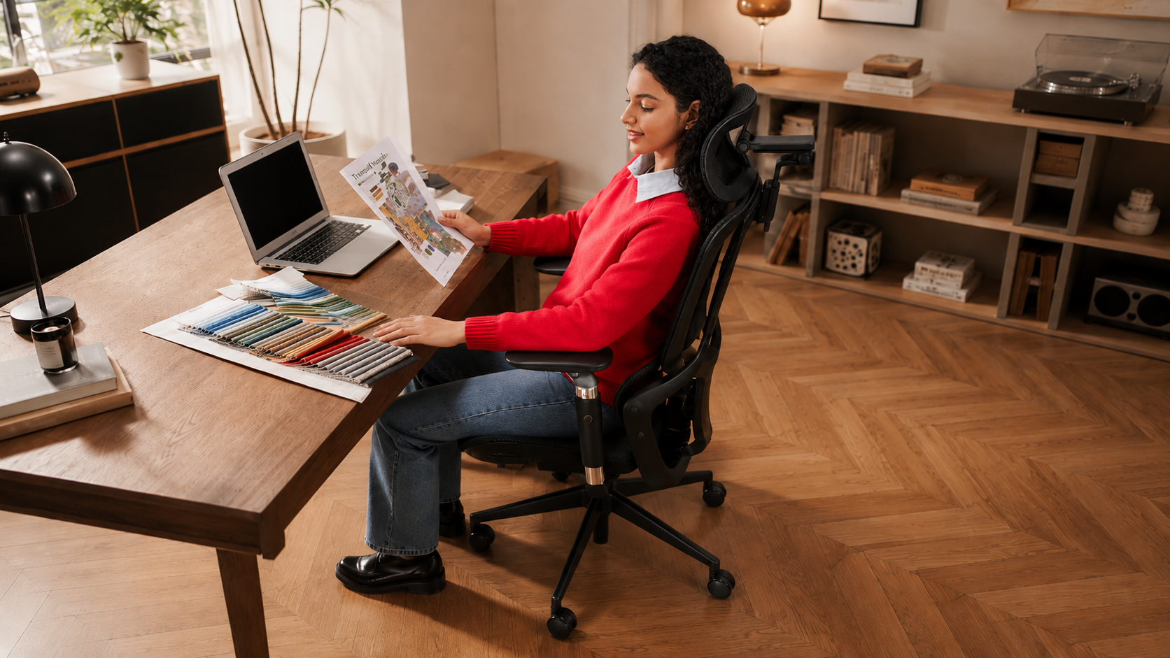 A professional seated in a DRAKARA ergonomic chair at a focused home workspace