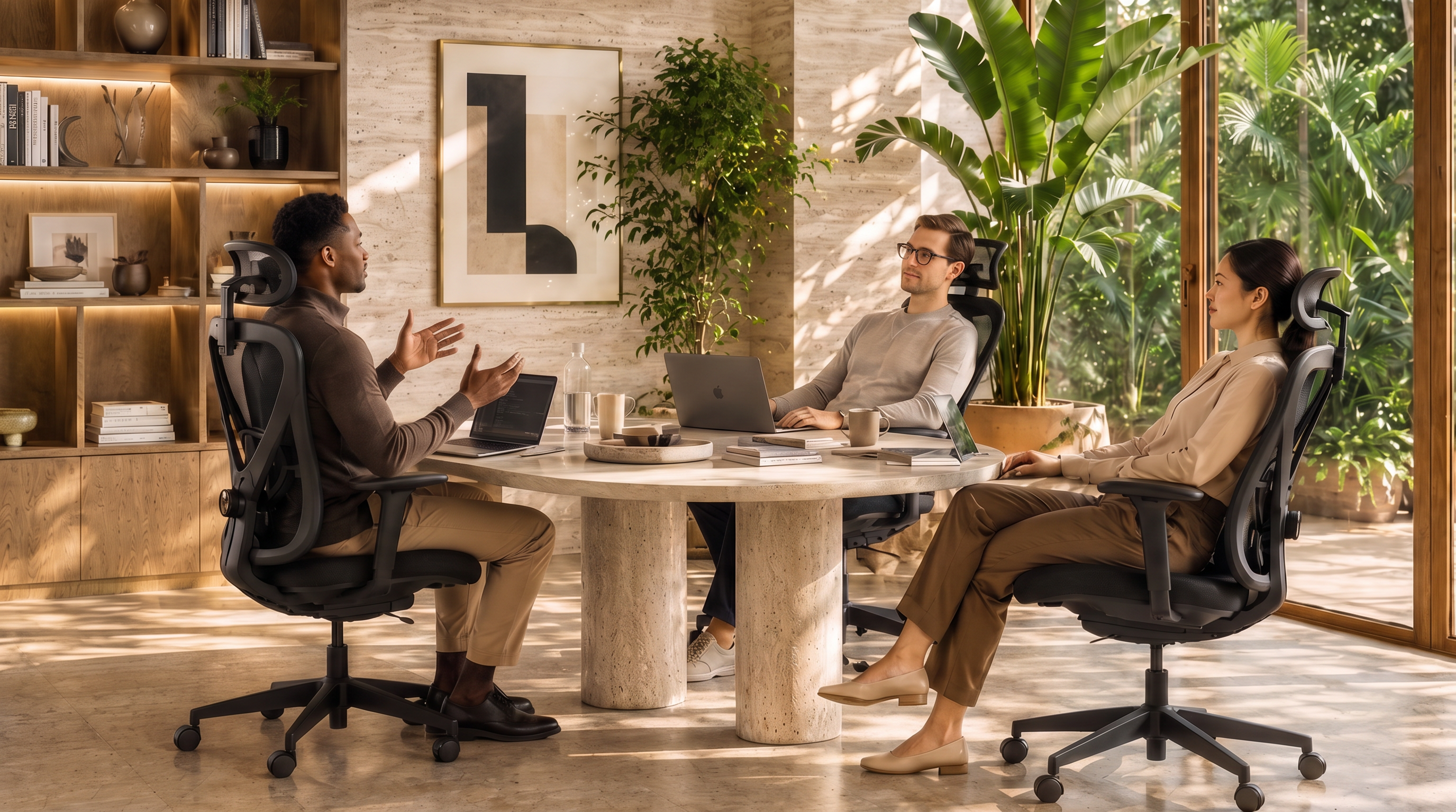 Three colleagues seated in VALKYRIE ergonomic chairs around a meeting table